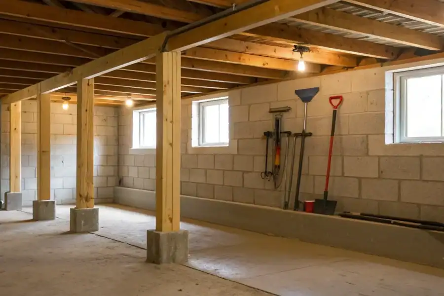 Crawl space support jacks installed to reinforce and level sagging floor beams.