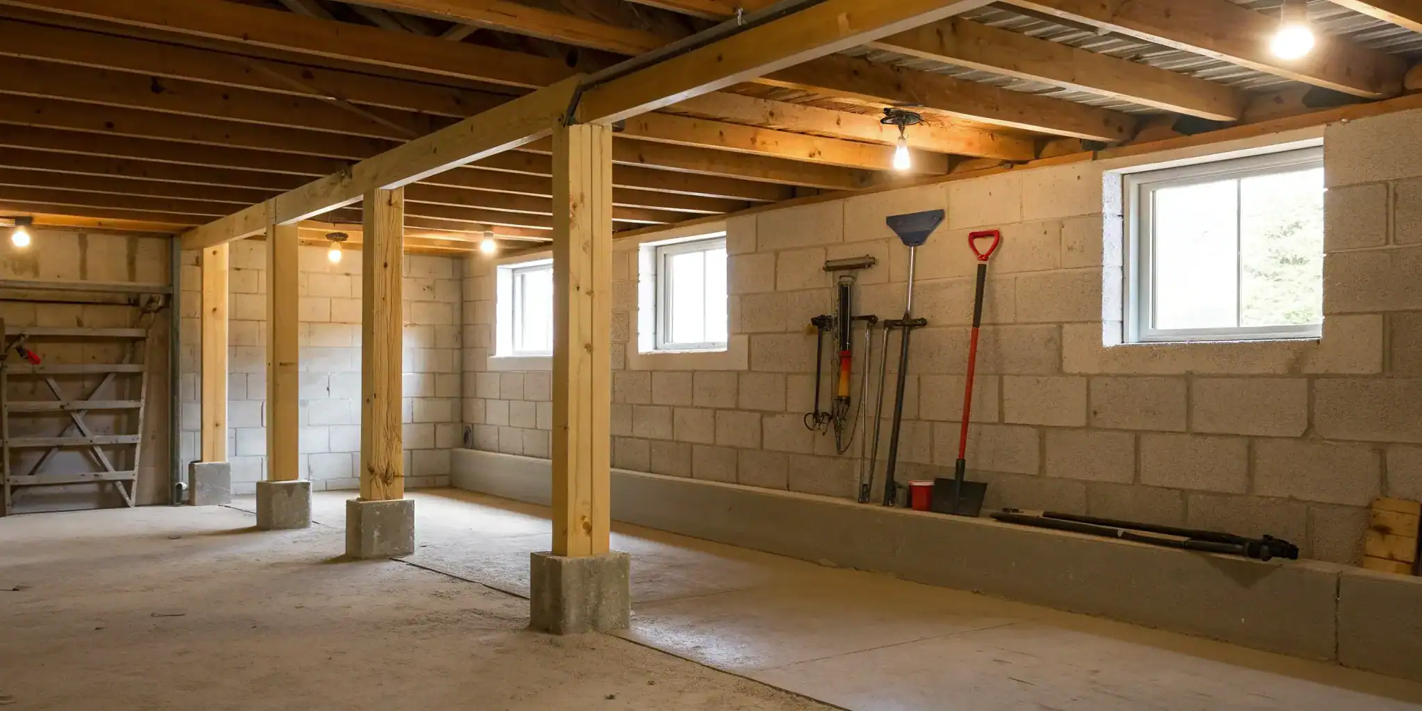 Crawl space support jacks installed to reinforce and level sagging floor beams.