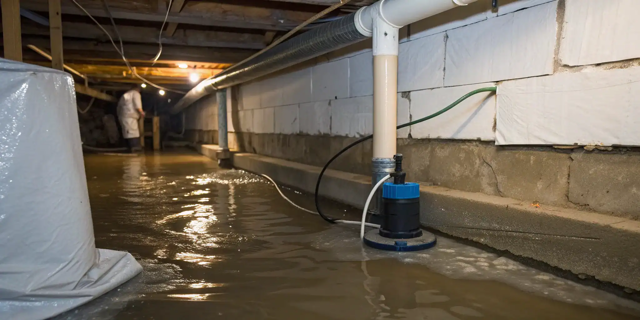 Wet crawl space repair in progress with a sump pump removing standing water.