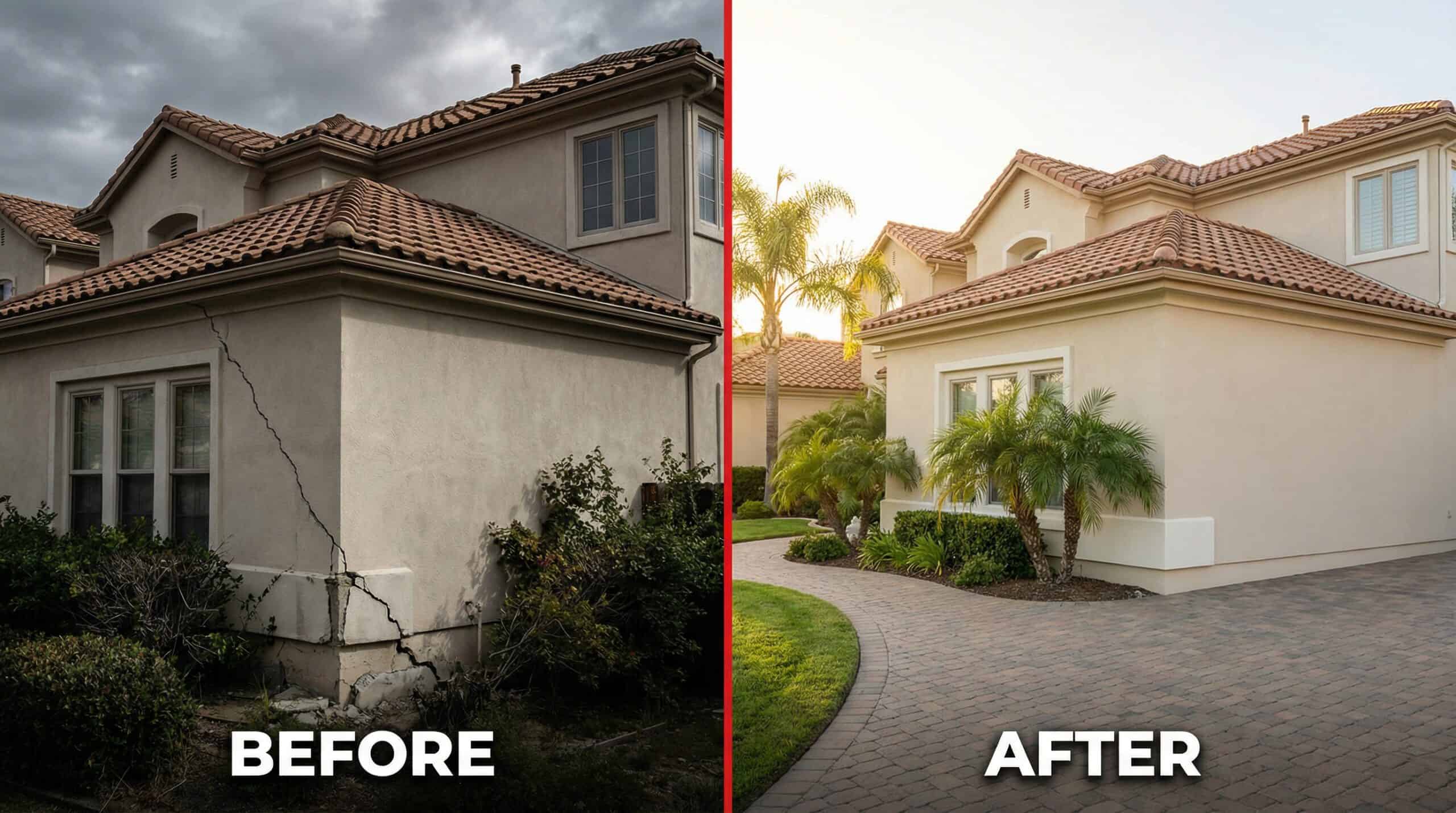 Before and after residential foundation repair comparison.