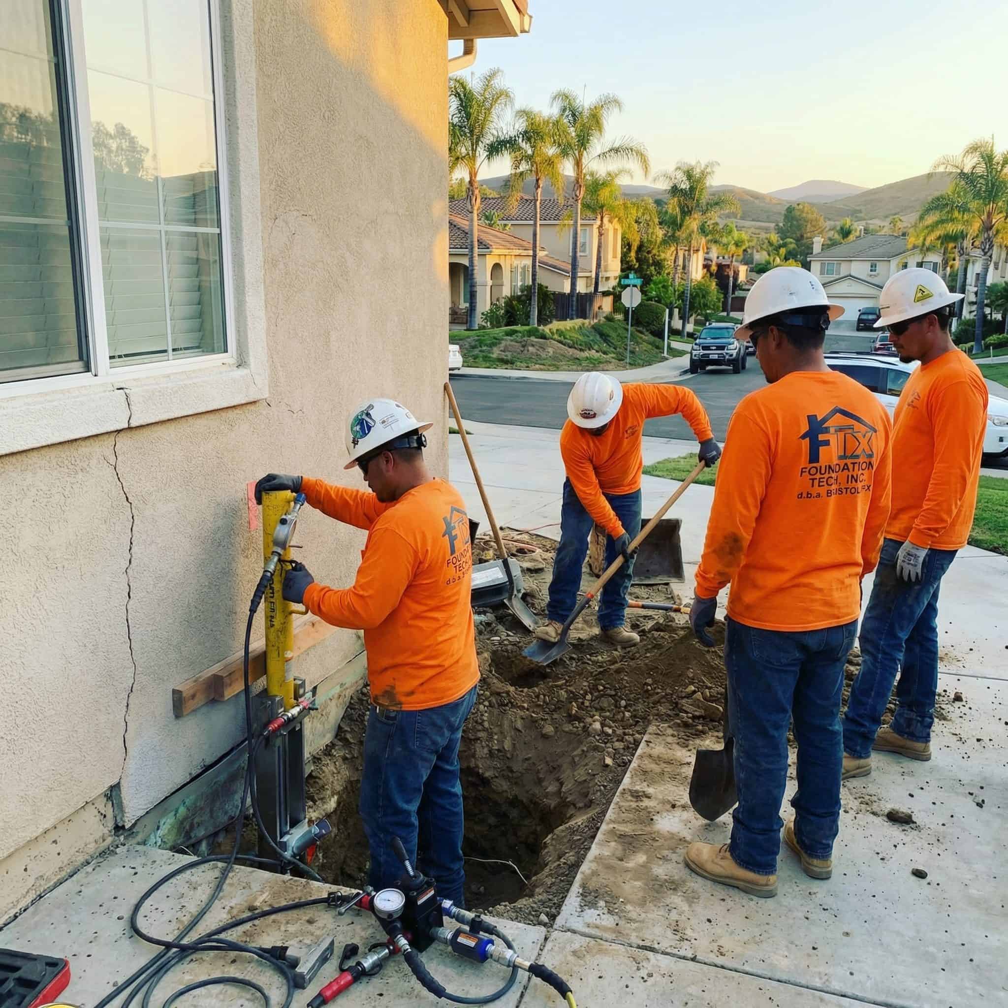 Foundation repair crew installing push piers.