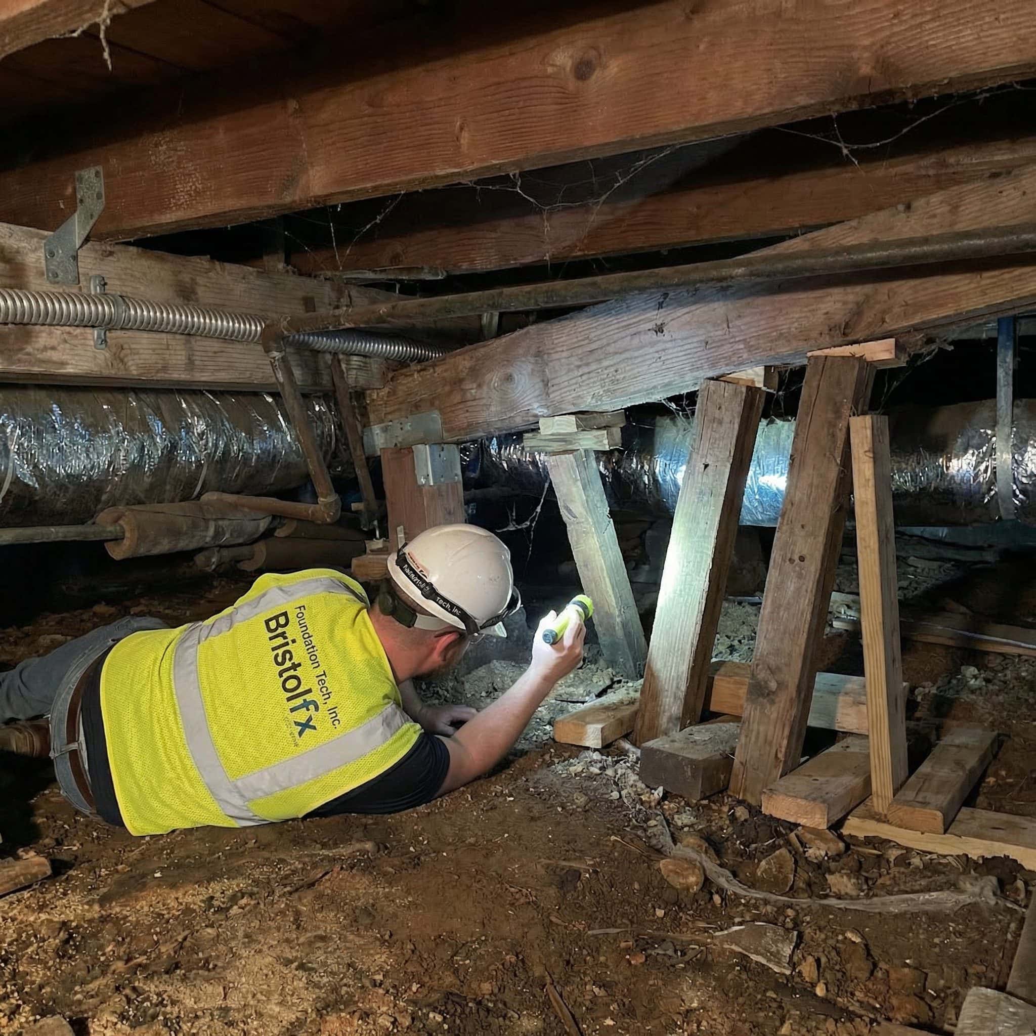 Avari Foundation Repair Services inspector examining crawlspace.