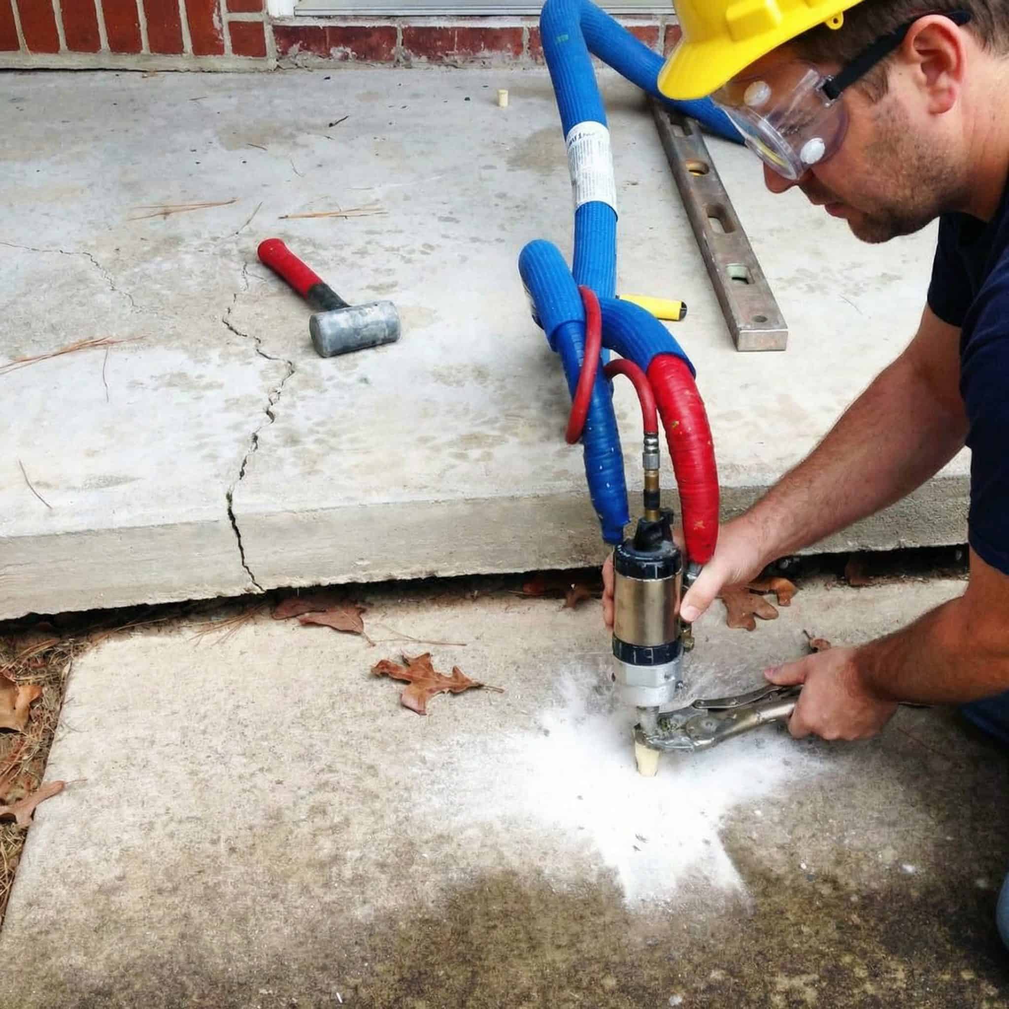 Avari Foundation Repair Services technician injecting foam under a sunken concrete slab.