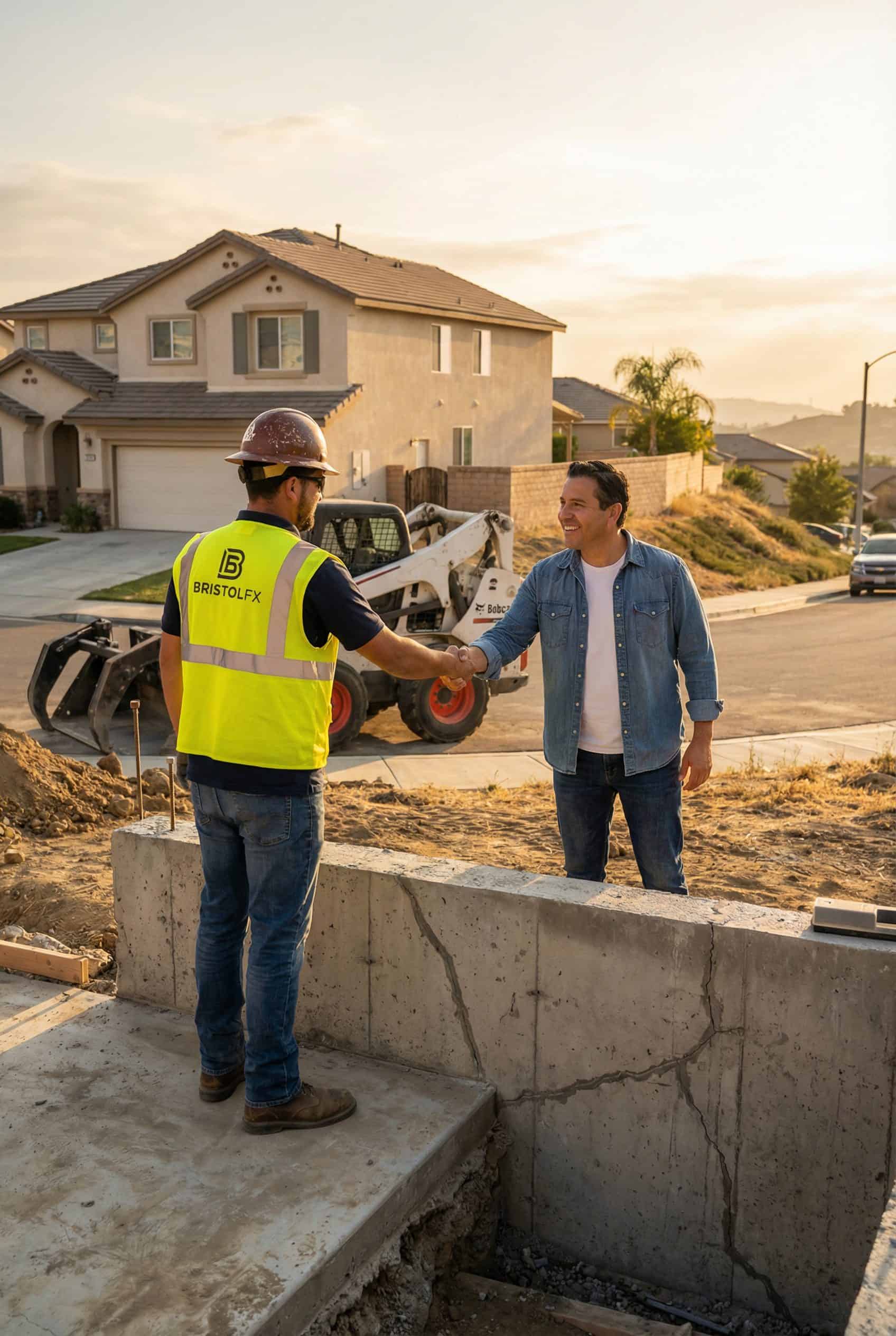 Avari Foundation Repair Services foreman shaking hands with a homeowner after completing foundation repairs.