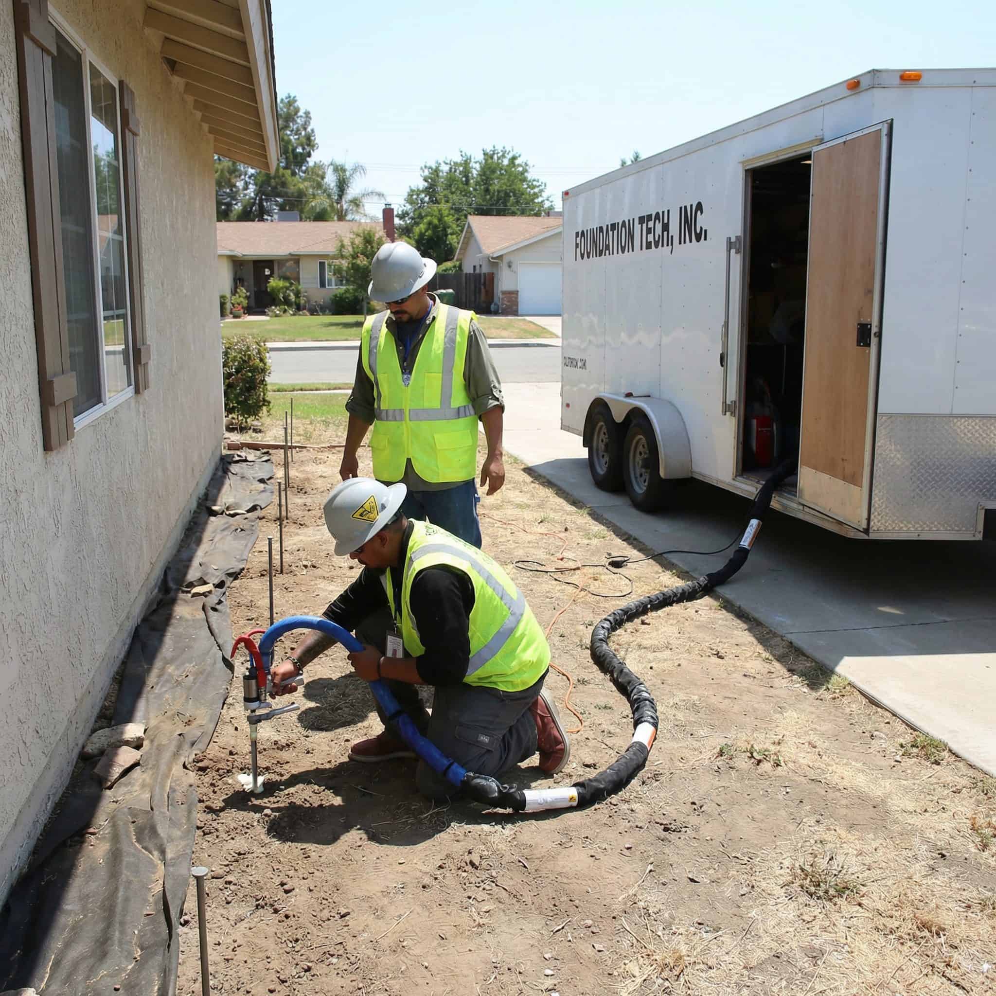 Avari Foundation Repair Services crew injecting polyurethane foam for foundation stabilization.